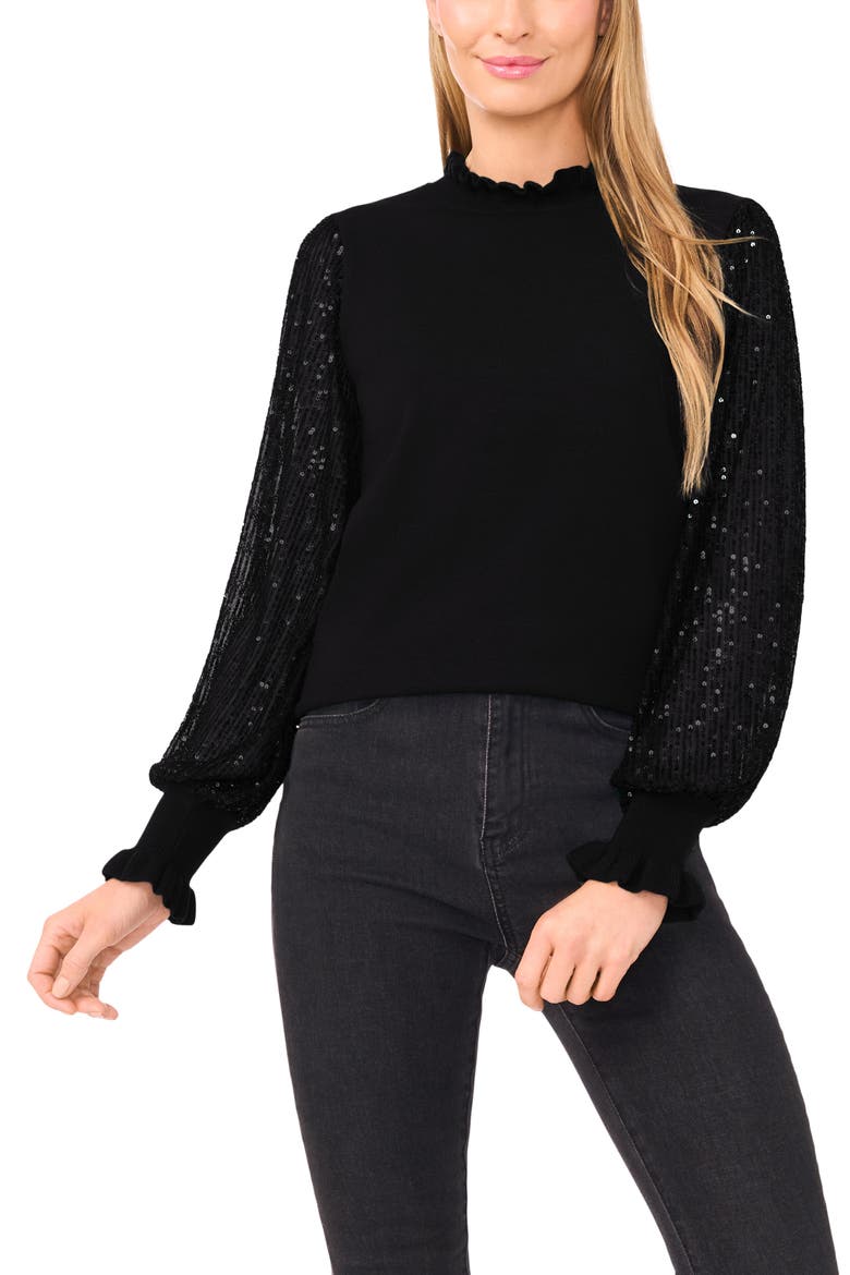 Sequin Sleeve Mock Neck Sweater, Main, color, RICH BLACK