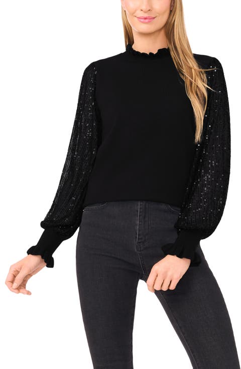 Sequin Sleeve Mock Neck Sweater