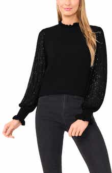 CeCe Sequin Sleeve Mock Neck Sweater