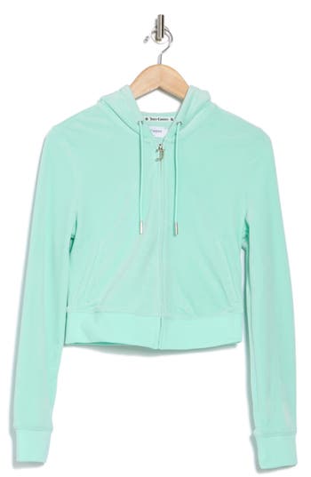 Juicy Couture Bling Crop Recycled Polyester Blend Velour Hoodie In Tint Of Mint