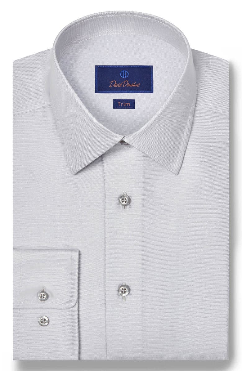 David Donahue Trim Fit Pin Dot Light Grey Cotton & Silk Dobby Dress Shirt, Main, color, Pearl
