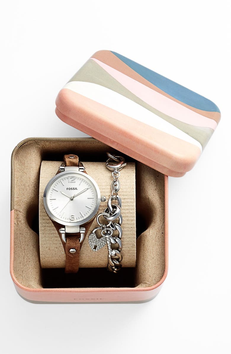 Fossil 'Georgia' Leather Strap Watch & Charm Bracelet Set, 32mm, Alternate, color,