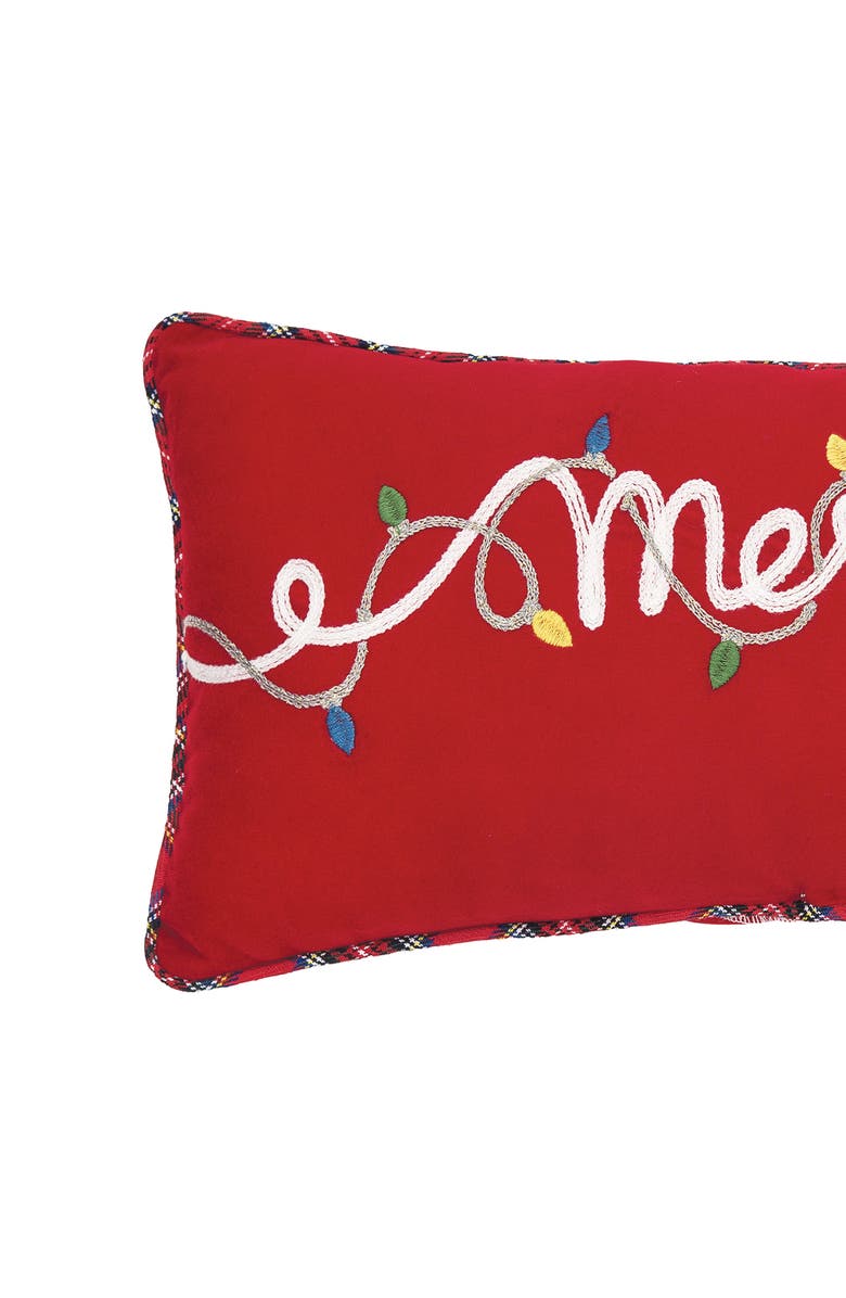 C&F Home "Merry" Cursive Christmas String Lights Embroidered Mini Accent Pillow 9" x 20", Alternate, color, Red
