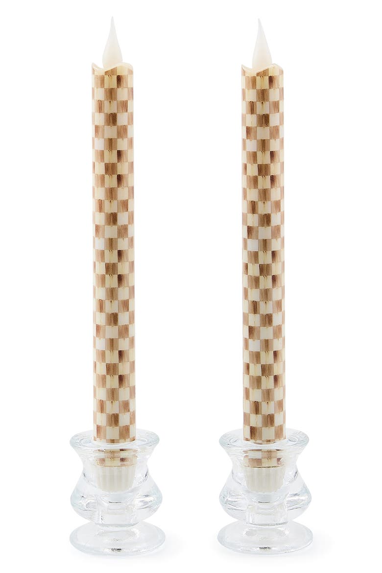 Set of 2 Mocha Check Flameless Dinner Candles, Main, color, MOCHA
