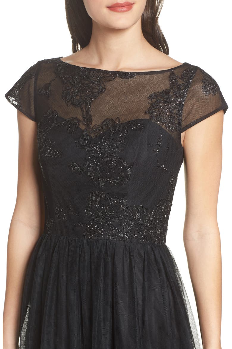 Embroidered Bodice Net Gown, Alternate, color, BLACK