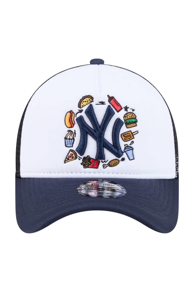 Youth New Era White/Navy New York Yankees Food A-Frame 9FORTY Trucker Adjustable Hat, Alternate, color, White
