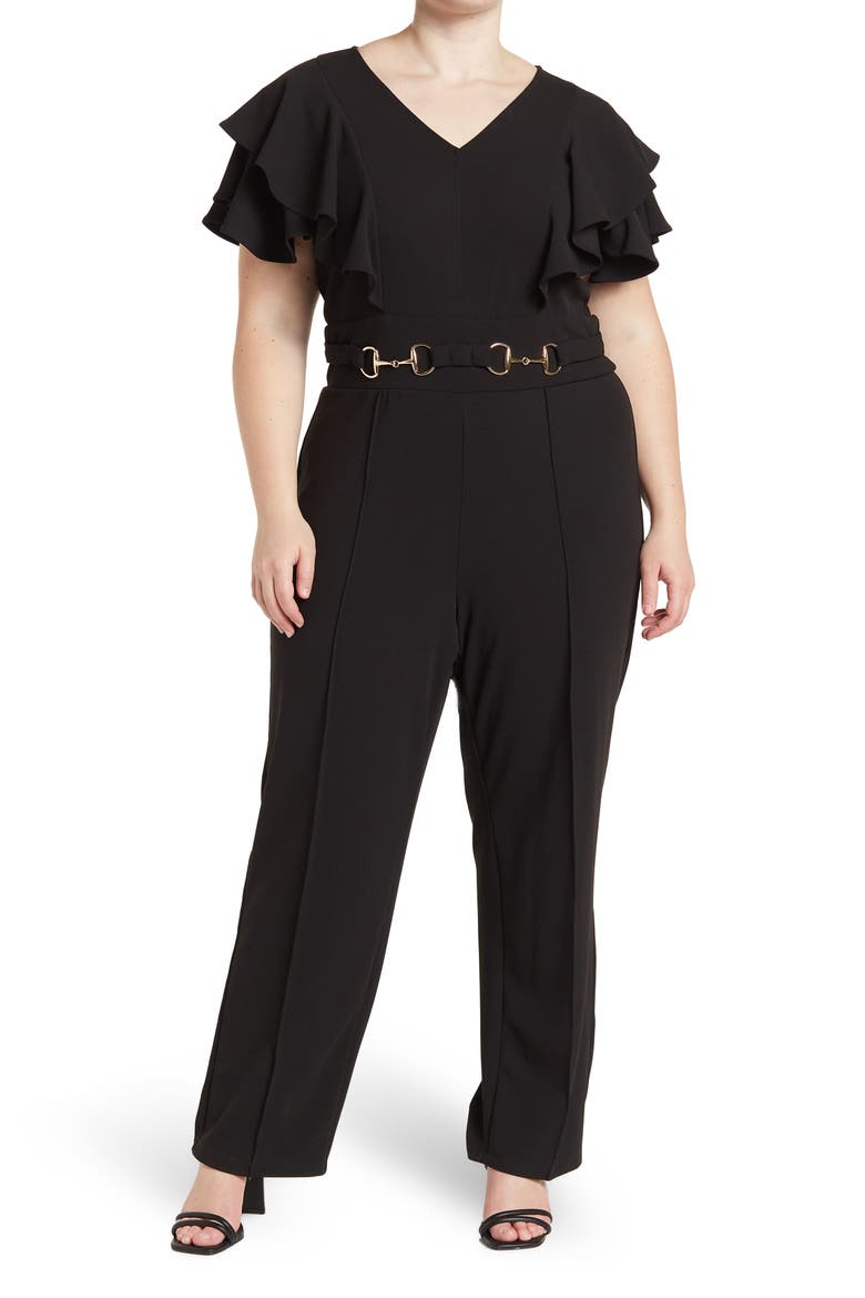 Nova Flutter Sleeve Scuba Crepe Jumpsuit, Main, color, BLACK