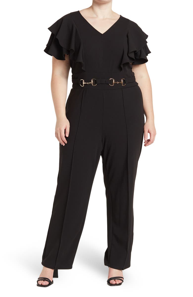 BY DESIGN Nova Flutter Sleeve Scuba Crepe Jumpsuit, Main, color, Black
