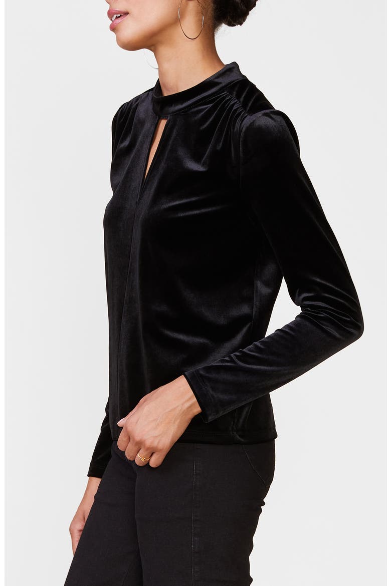 Mock Neck Keyhole Stretch Velvet Top, Alternate, color, BLACK