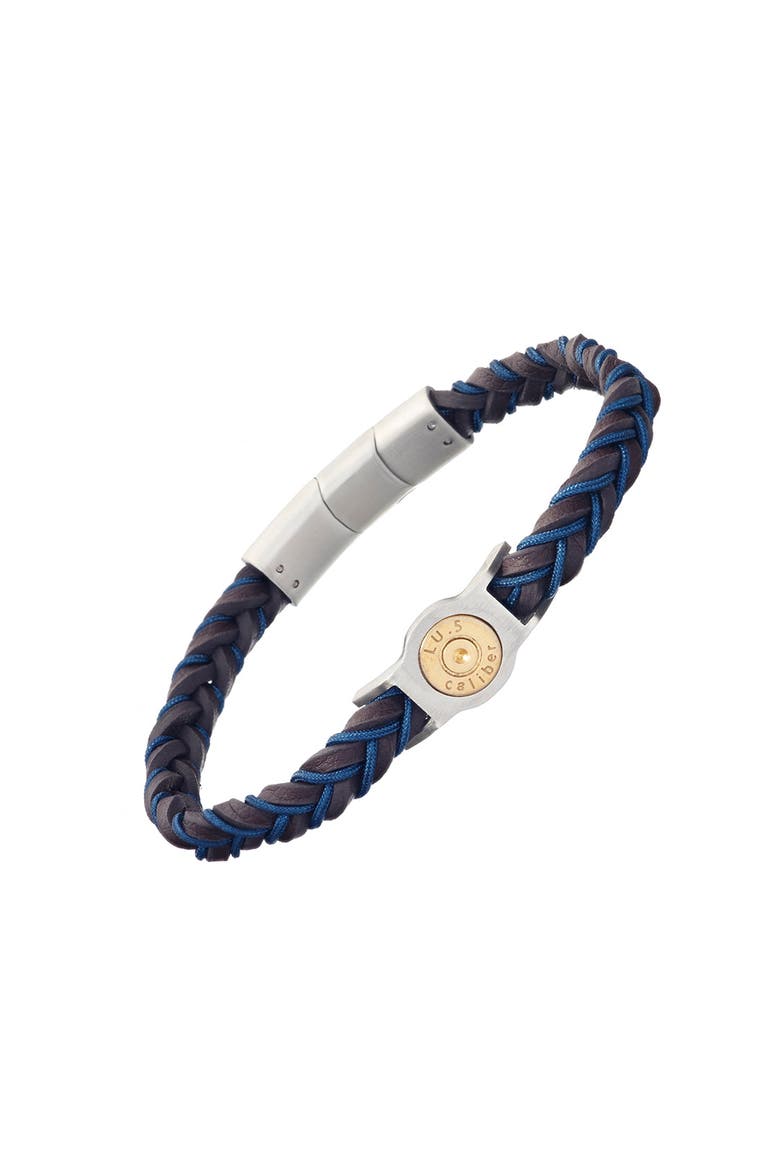 Braided Two-color Leather Bracelet with Stainless Steel Detail, Main, color, Blue