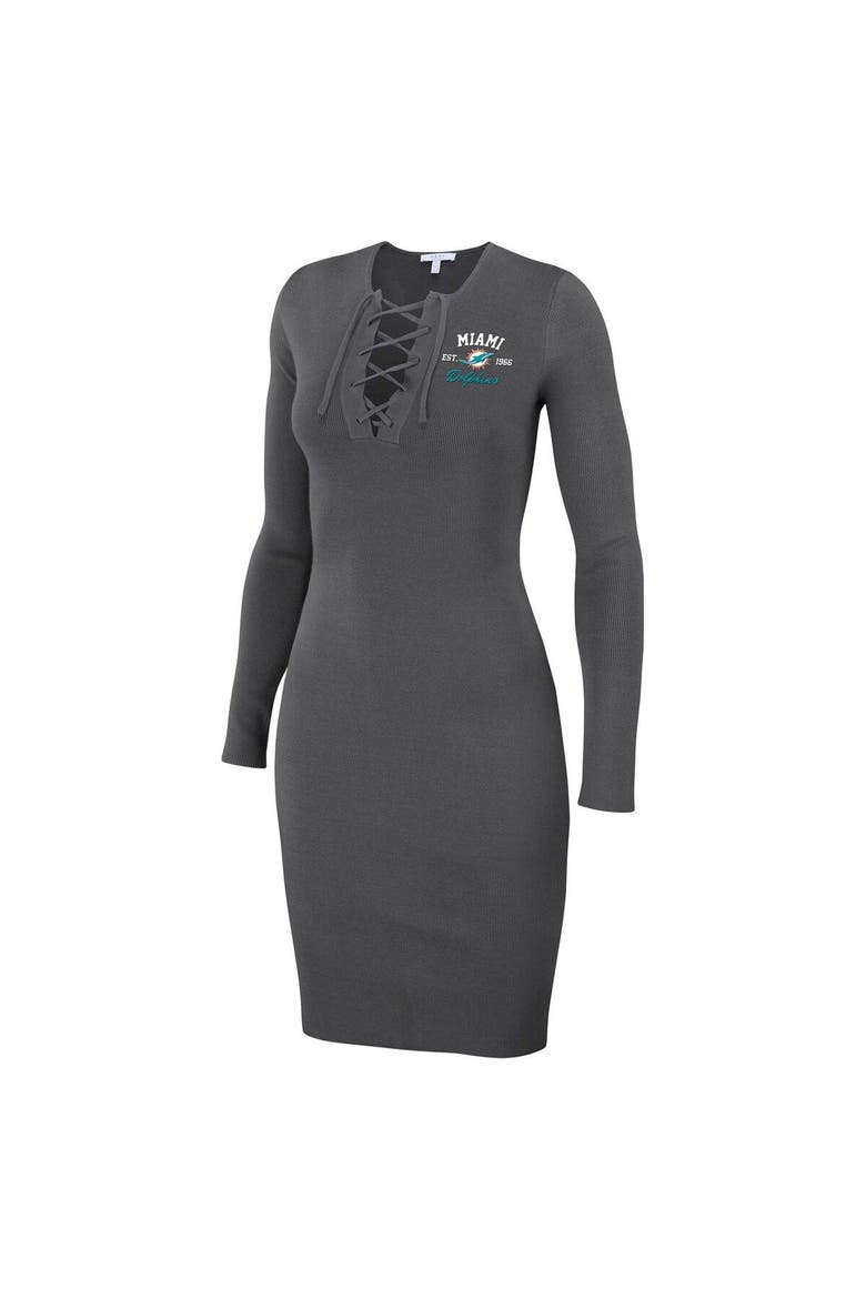 Women's WEAR by Erin Andrews Charcoal Miami Dolphins Lace Up Long Sleeve Dress, Alternate, color, Charcoal