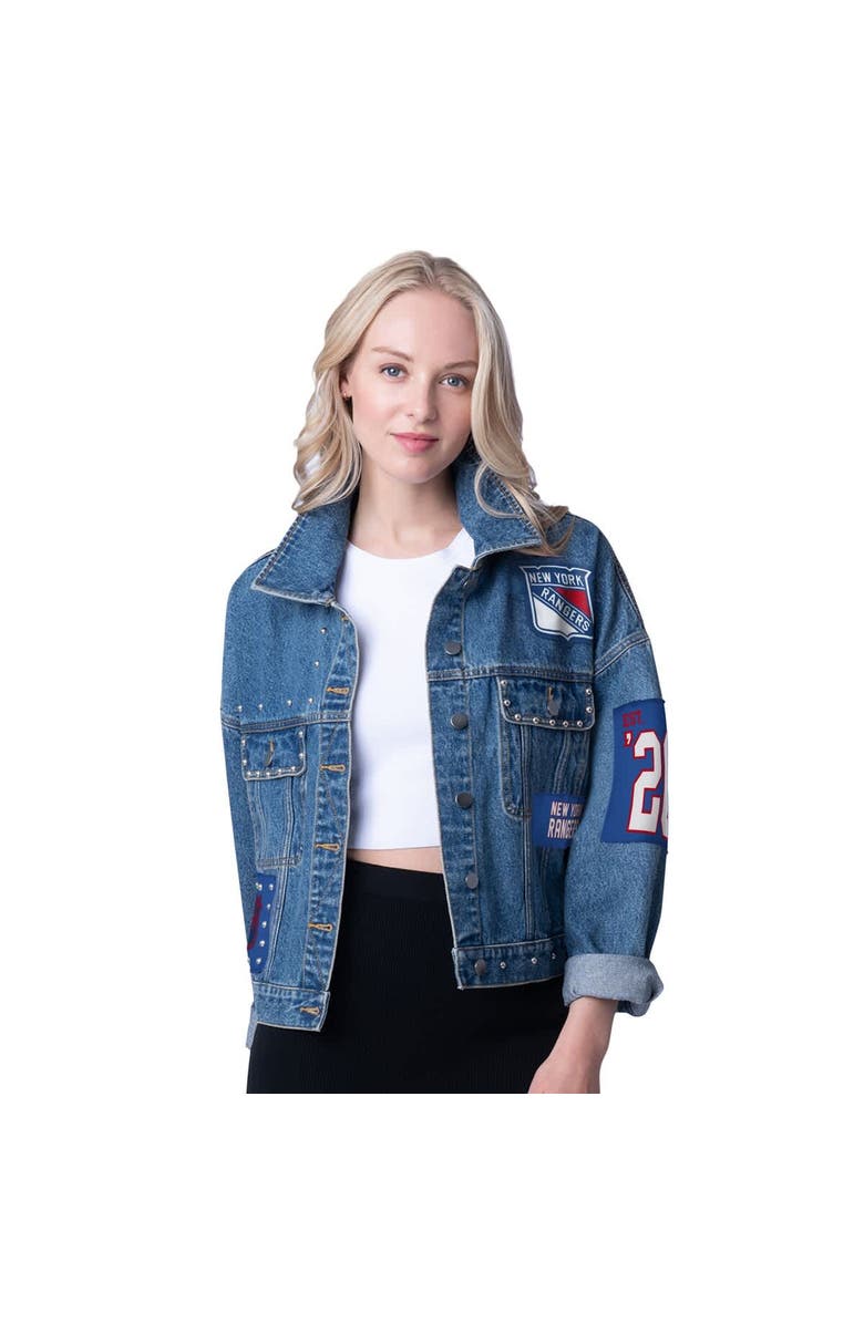 G-III 4HER BY CARL BANKS Women's G-III 4Her by Carl Banks New York Rangers Game Ball Cropped Button-Up Denim Jacket, Main, color,
