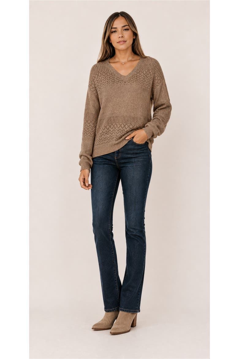 Pointelle Knit V-Neck Sweater, Alternate, color, Coffee Brown
