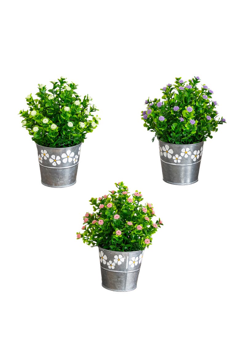 8-in Artificial Flowering Plant in Decorative Daisy Tin Planter - Set of 3, Main, color, Assortment 2