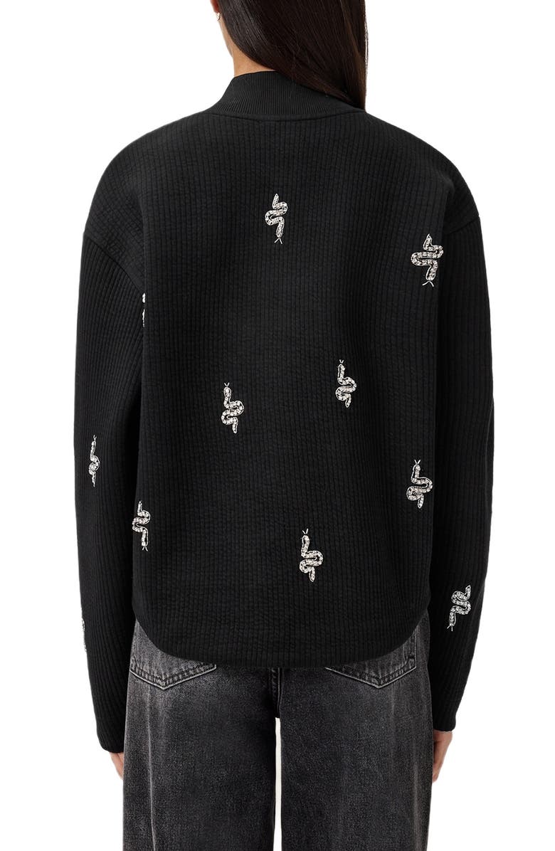 AllSaints Rhea Rhinestone Snake Detail Ribbed Cotton Bomber Jacket, Alternate, color, Black