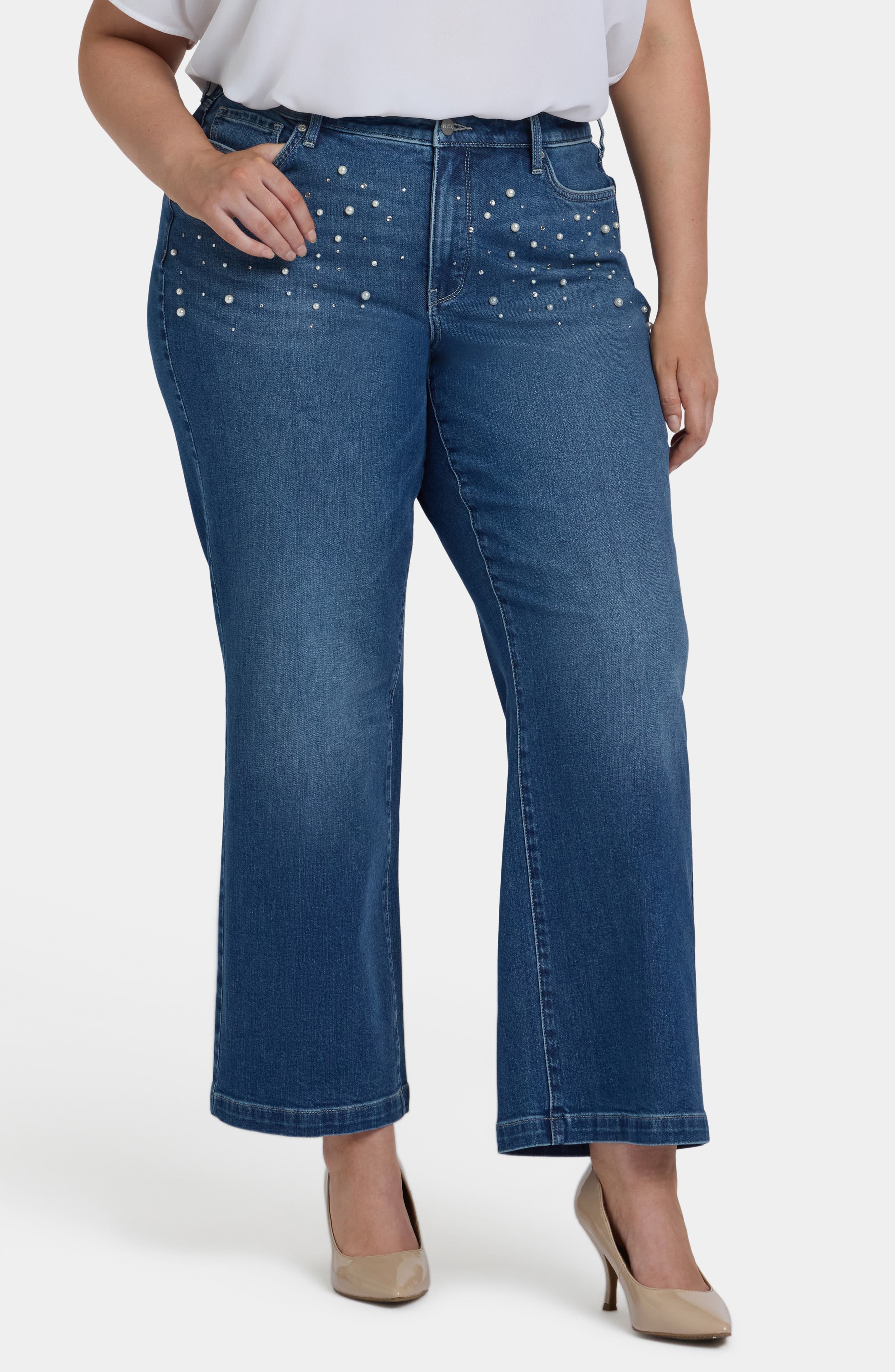 NYDJ Teresa Rhinestone & Faux Pearl Wide Leg Jeans