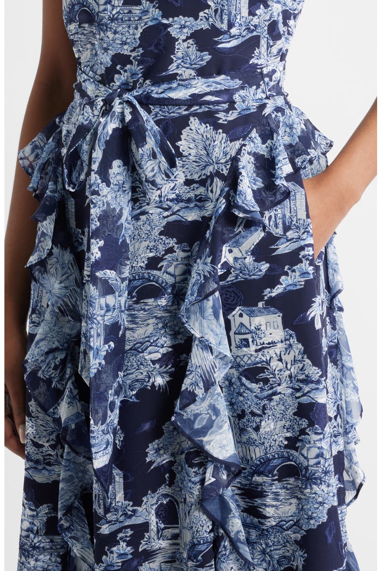 Landscape Print Sleeveless Midi Dress, Alternate, color, NAVY IVORY