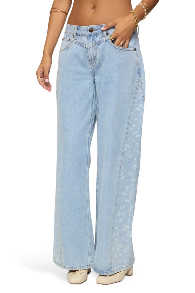 Floral Panel Low Rise Wide Leg Jeans, Main, color, BLUE-WASHED