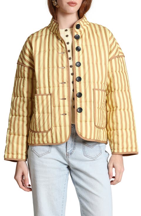 Stripe Boxy Quilted Cotton Blend Jacket