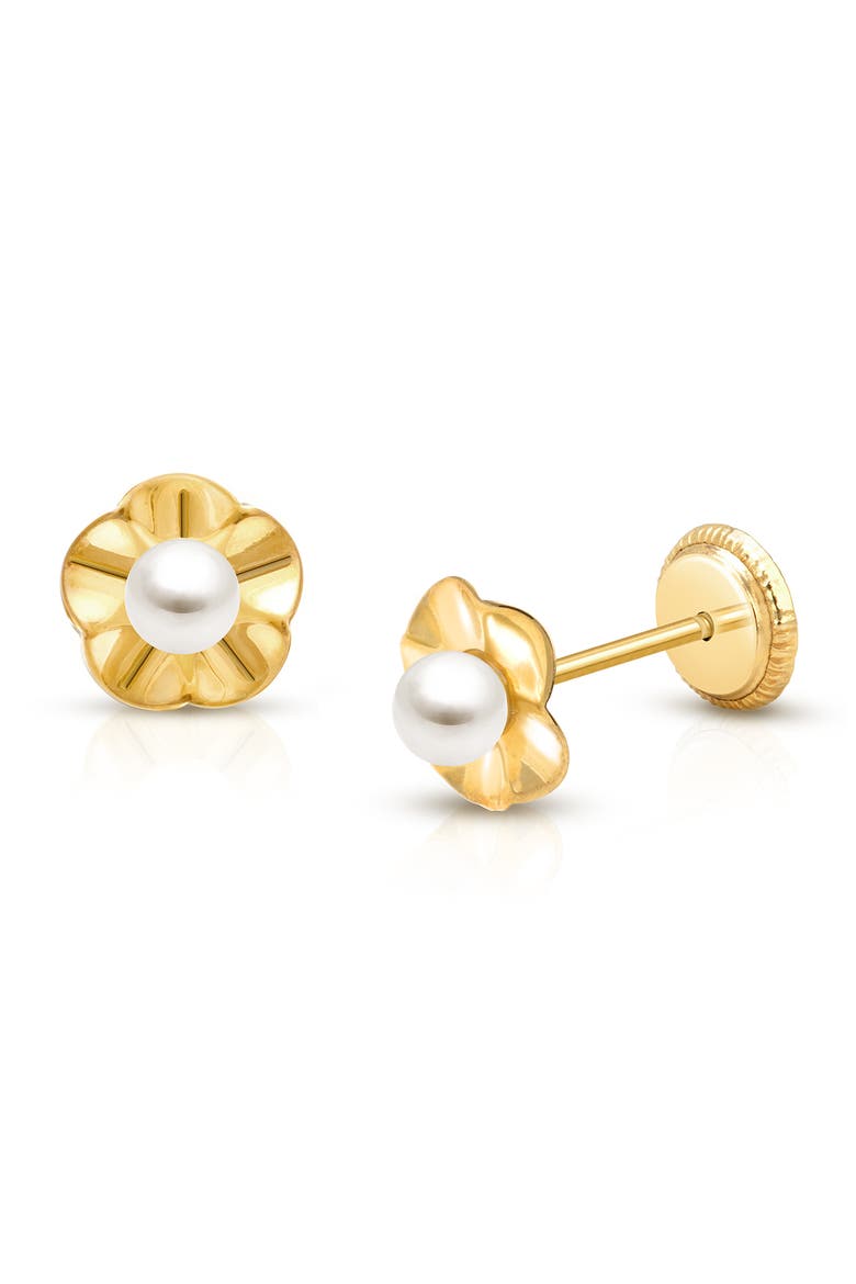 14K Gold Ruffled Petals with Pearl Studs Screw Back Earrings, Main, color, 14K Yellow Gold