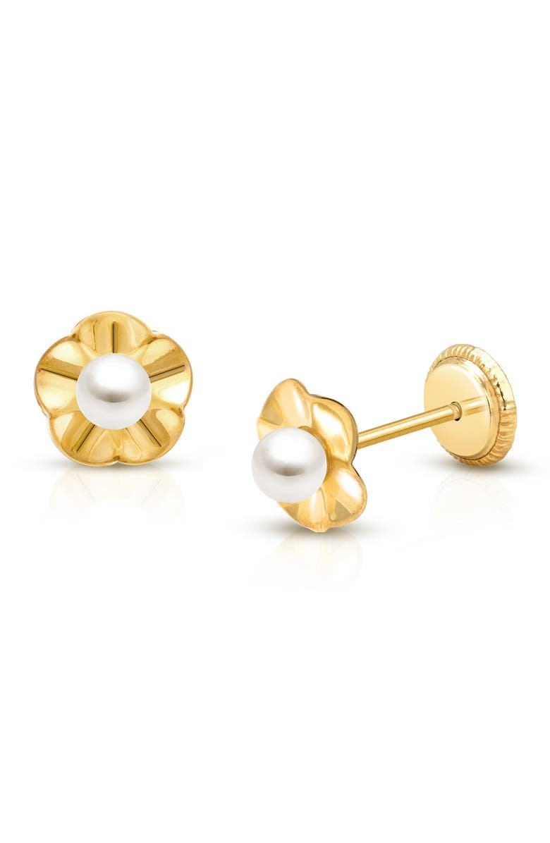Tiny Blessings 14K Gold Ruffled Petals with Pearl Studs Screw Back Earrings, Main, color, 14K Yellow Gold