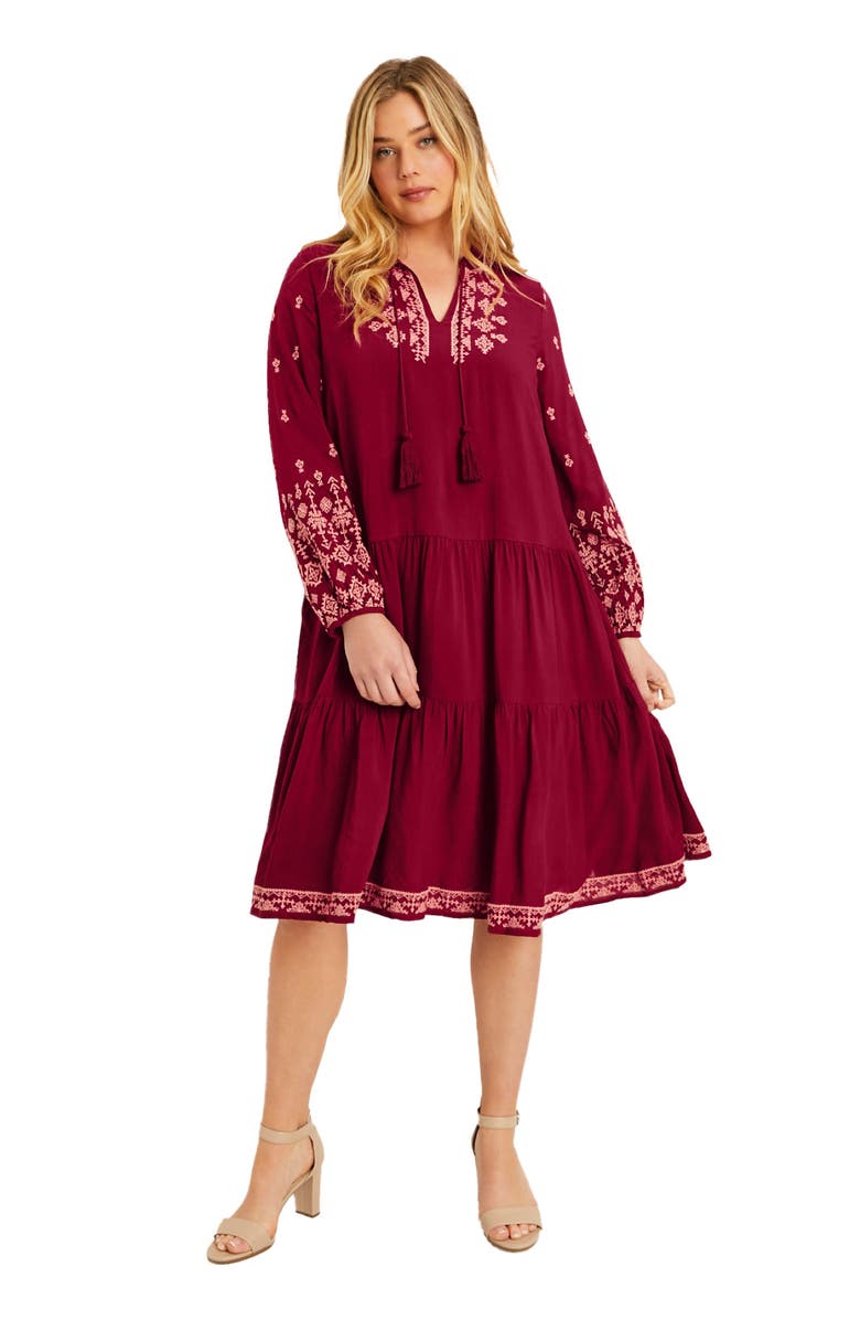 June + Vie Coraline Embroidered Peasant Dress, Main, color, Rich Burgundy Embroidery Geo