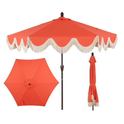 Collins 9 ft. Classic Cottage Fringe Tassel Market Patio Umbrella with Auto-Tilt Crank