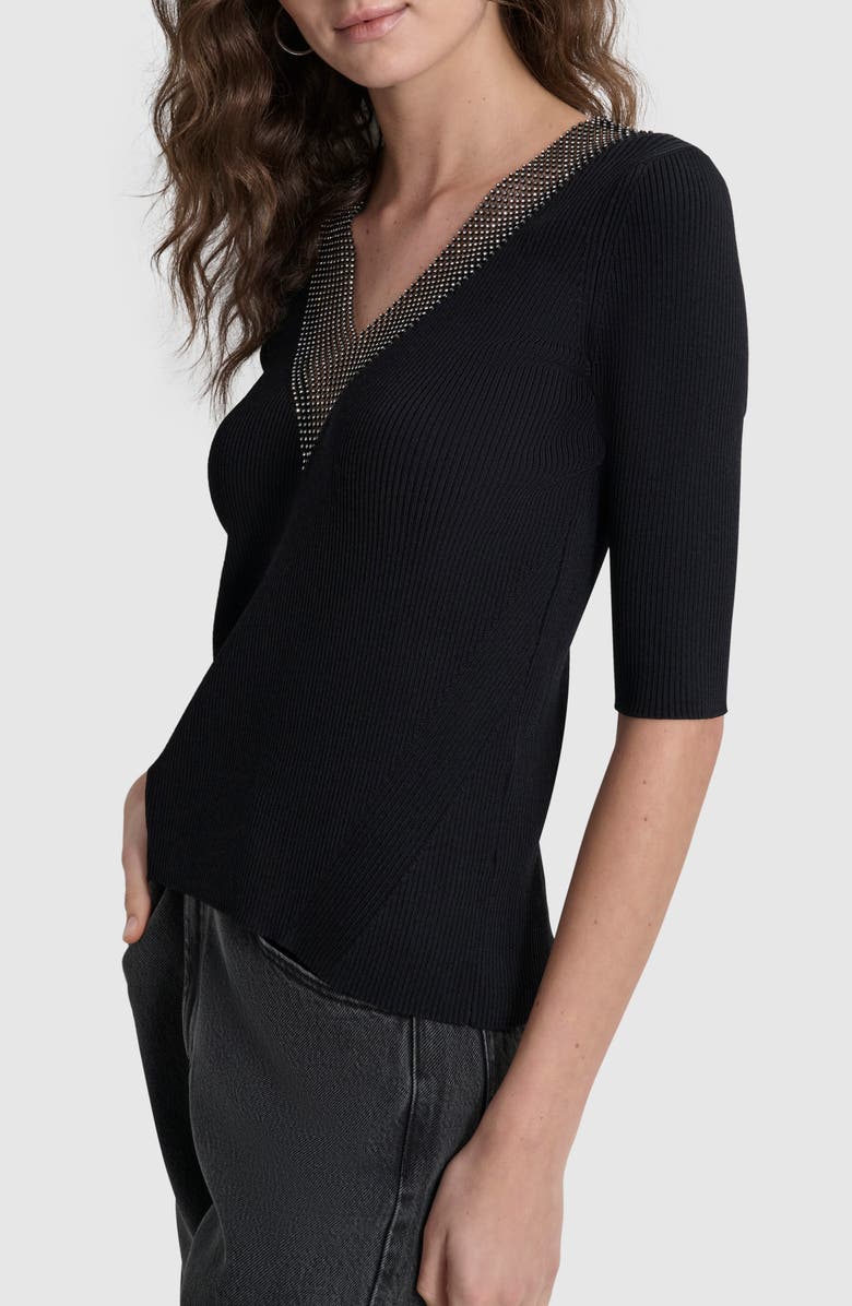 DKNY Crystal Embellished Elbow Sleeve V-Neck Sweater, Alternate, color, 