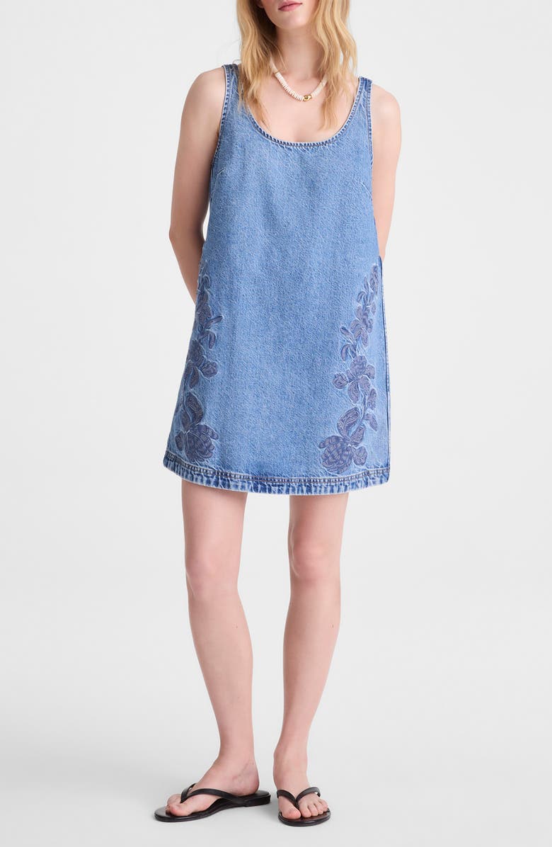 Madewell Embroidered Sleeveless Denim Minidress, Main, color, Worn Mid Indigo