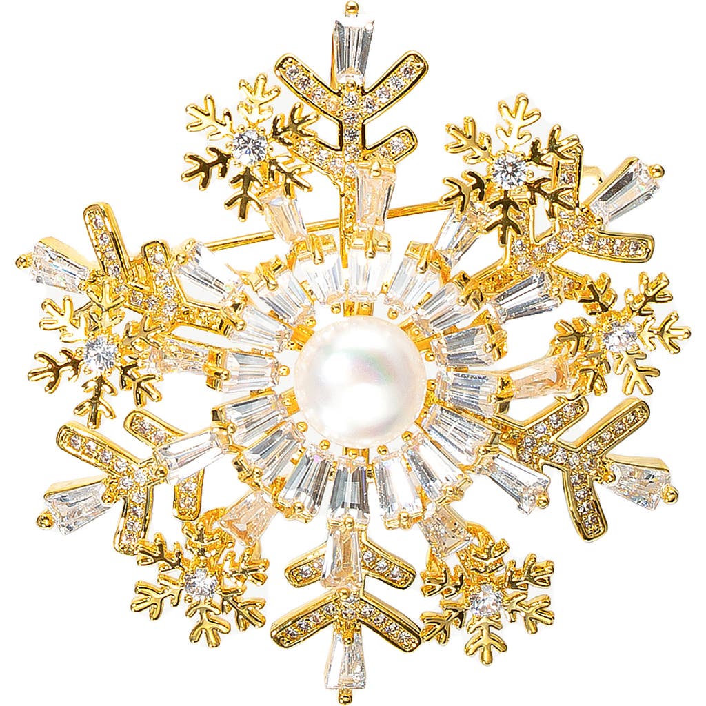 Classicharms Gold Pavé And Pearl Snowflake Brooch Necklace Set In Gold