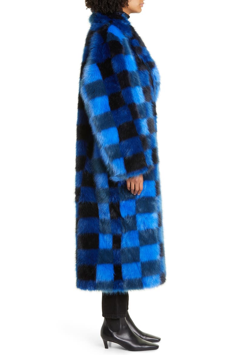 Mio Checkerboard Faux Fur Coat, Alternate, color, MULTI BLUE CHECK