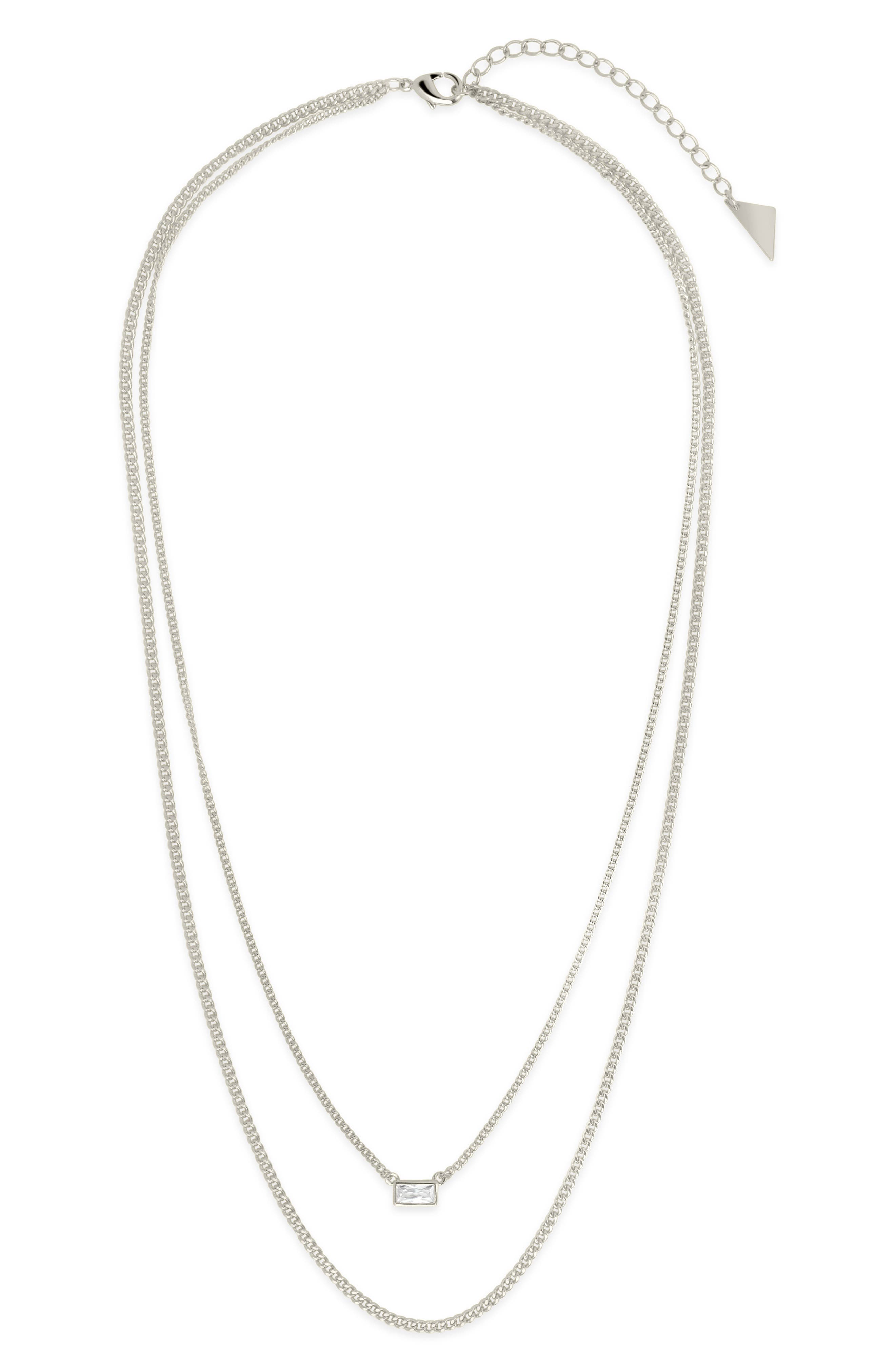 Sterling Forever Baguette CZ Curb Chain Layered Necklace