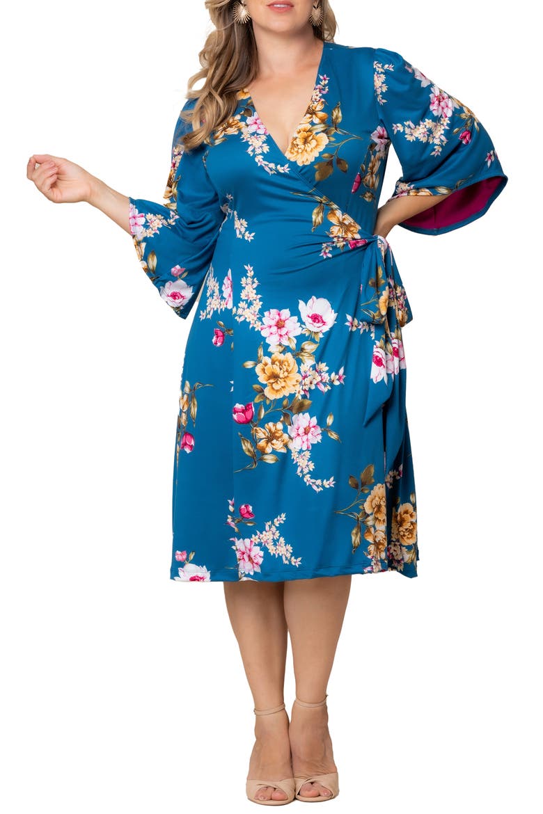 Gemini Floral Bell Sleeve Wrap Dress, Main, color, TEAL FLORAL PRINT