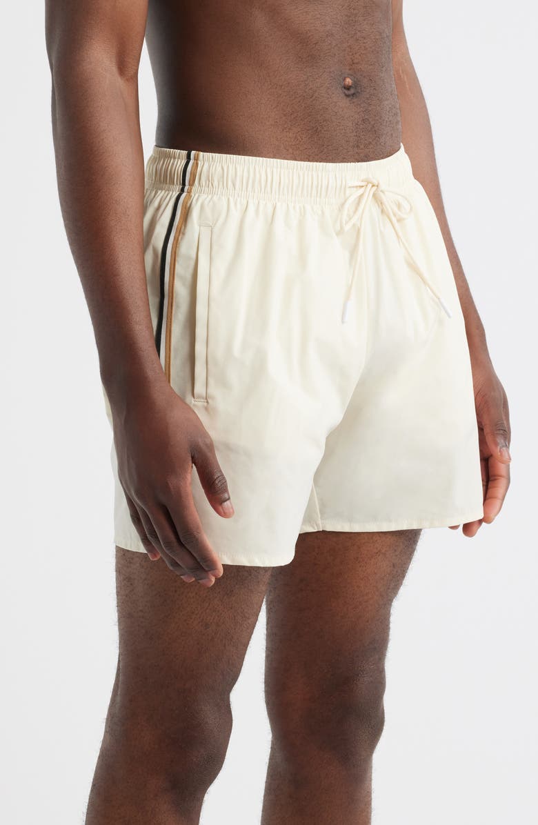 BOSS Side Stripe Stretch Swim Trunks, Alternate, color, Open White