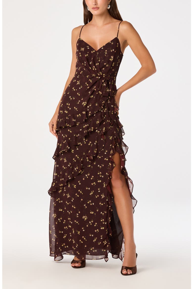 Abriella Ruffle Maxi Dress, Main, color, BROWN FLORAL