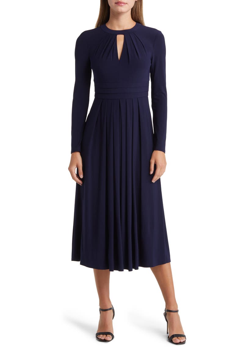 Pleated Keyhole Cutout A-Line Dress, Main, color, NAVY