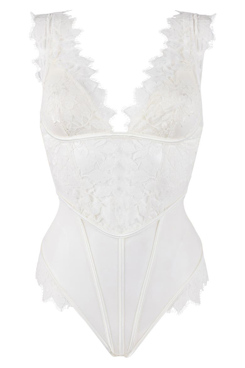Grace Lace & Mesh Bodysuit, Alternate, color, SNOW WHITE