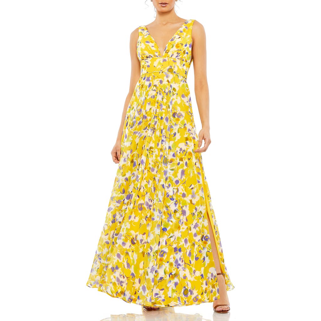 Mac Duggal Floral Plunge V-neck Gown In Yellow Multi