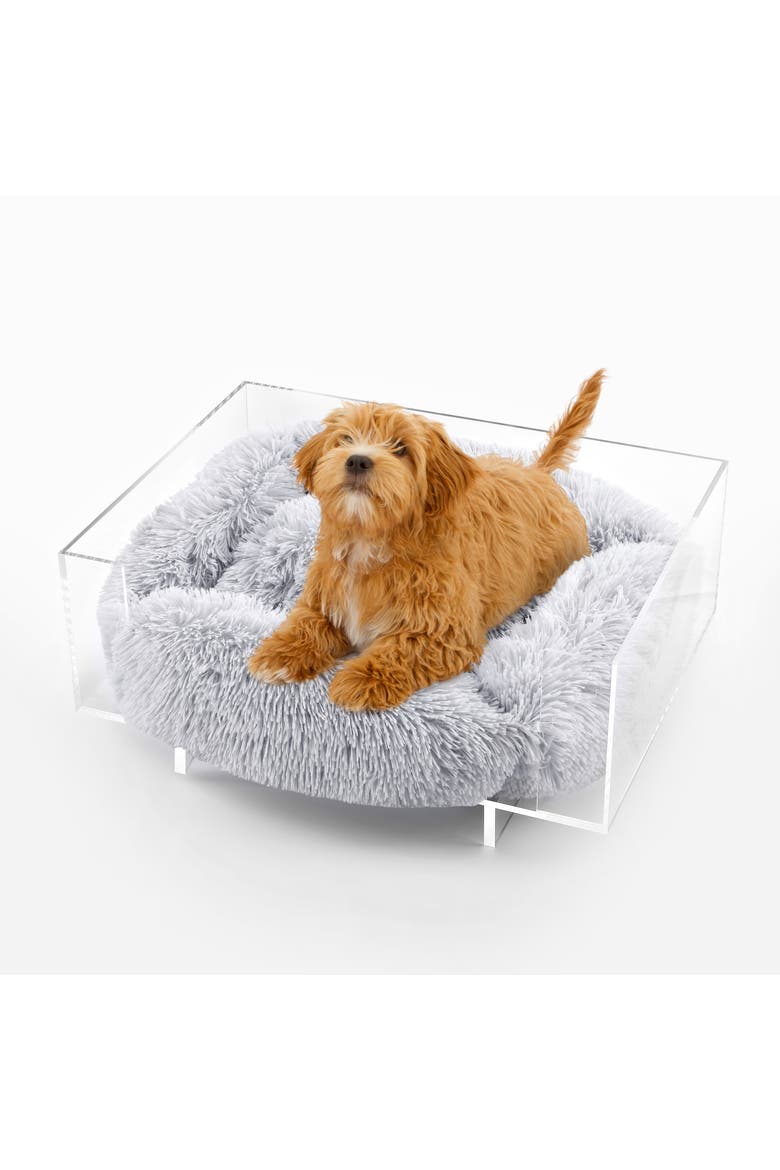 Carole 24" x 18" Small/Medium Modern Lucite Calming Fluffy Pet Bed with Washable Cushion, Main, color, Light Gray/Clear