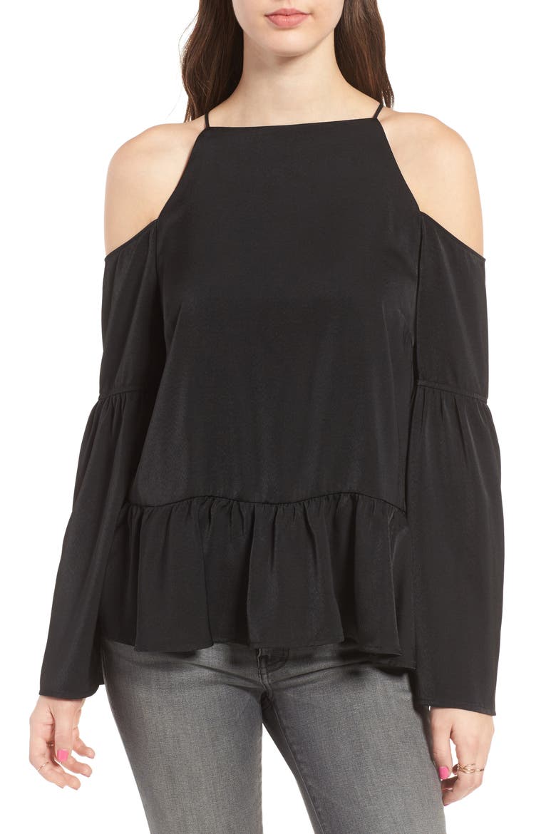 Bell Sleeve Cold Shoulder Top, Main, color, BLACK