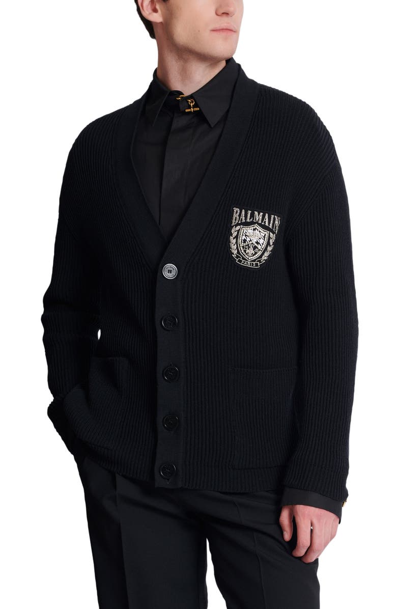 Balmain Cotton tube-knit cardigan, Alternate, color, Black