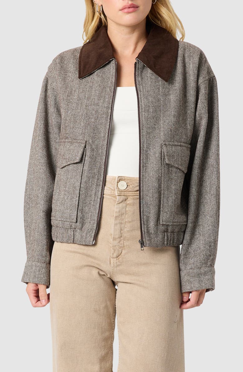 All in Favor Contrast Collar Herringbone Bomber Jacket, Main, color, Dark Brown