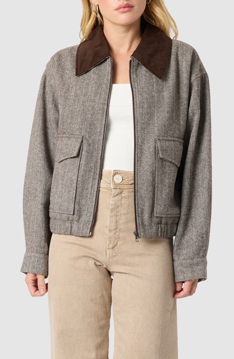 Contrast Collar Herringbone Bomber Jacket