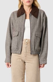 All in Favor Contrast Collar Herringbone Bomber Jacket