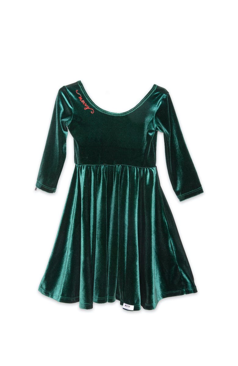 WORTHY THREADS Embroidered Velvet Holiday Twirly Dress, Main, color, Emerald Green