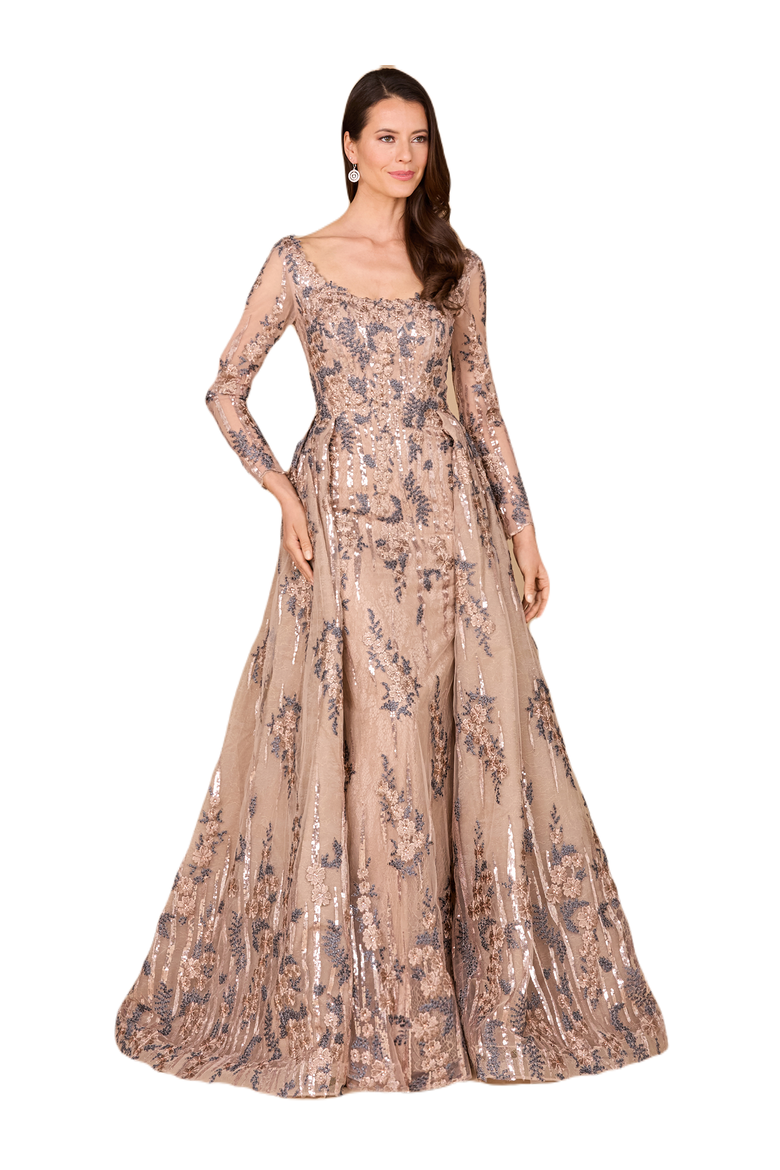 Long Sleeve Lace Gown with Overskirt, Main, color, Tan