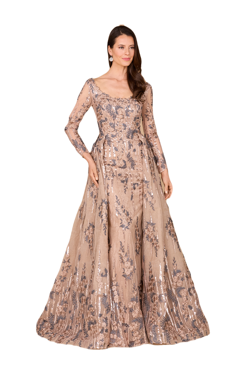 LARA New York Long Sleeve Lace Gown with Overskirt, Main, color, Tan
