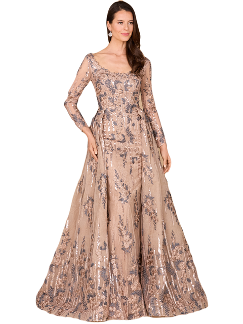 Long Sleeve Lace Gown with Overskirt