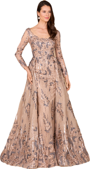 LARA New York Long Sleeve Lace Gown with Overskirt