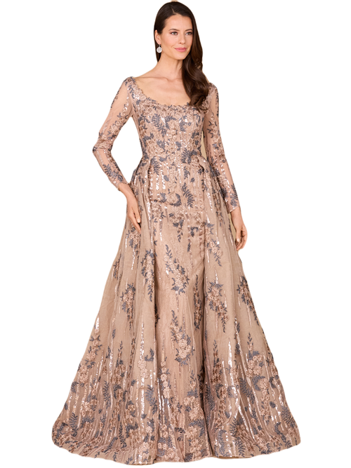 Lara New York Long Sleeve Lace Gown With Overskirt In Tan
